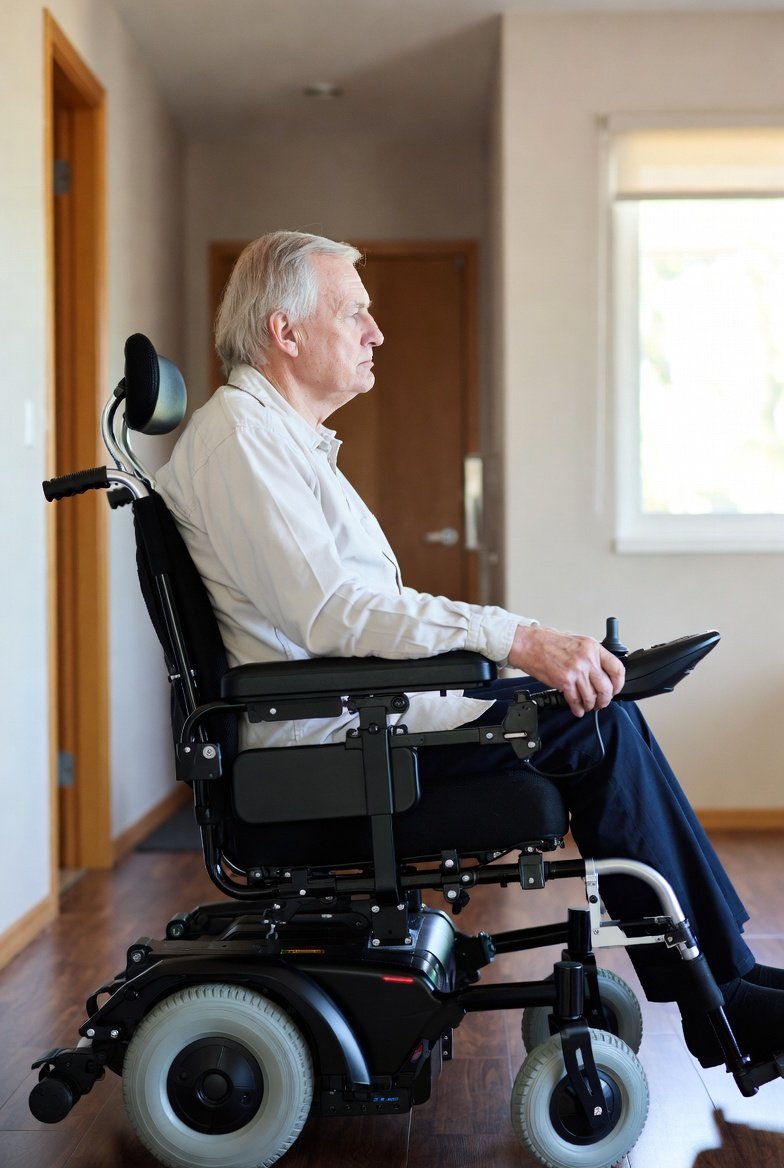 Senior operating an electric wheelchair indoors